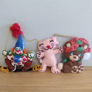 Vintage (3) Handmade Hand Stitched Stuffed Christmas Ornaments Crewel Clown Bear